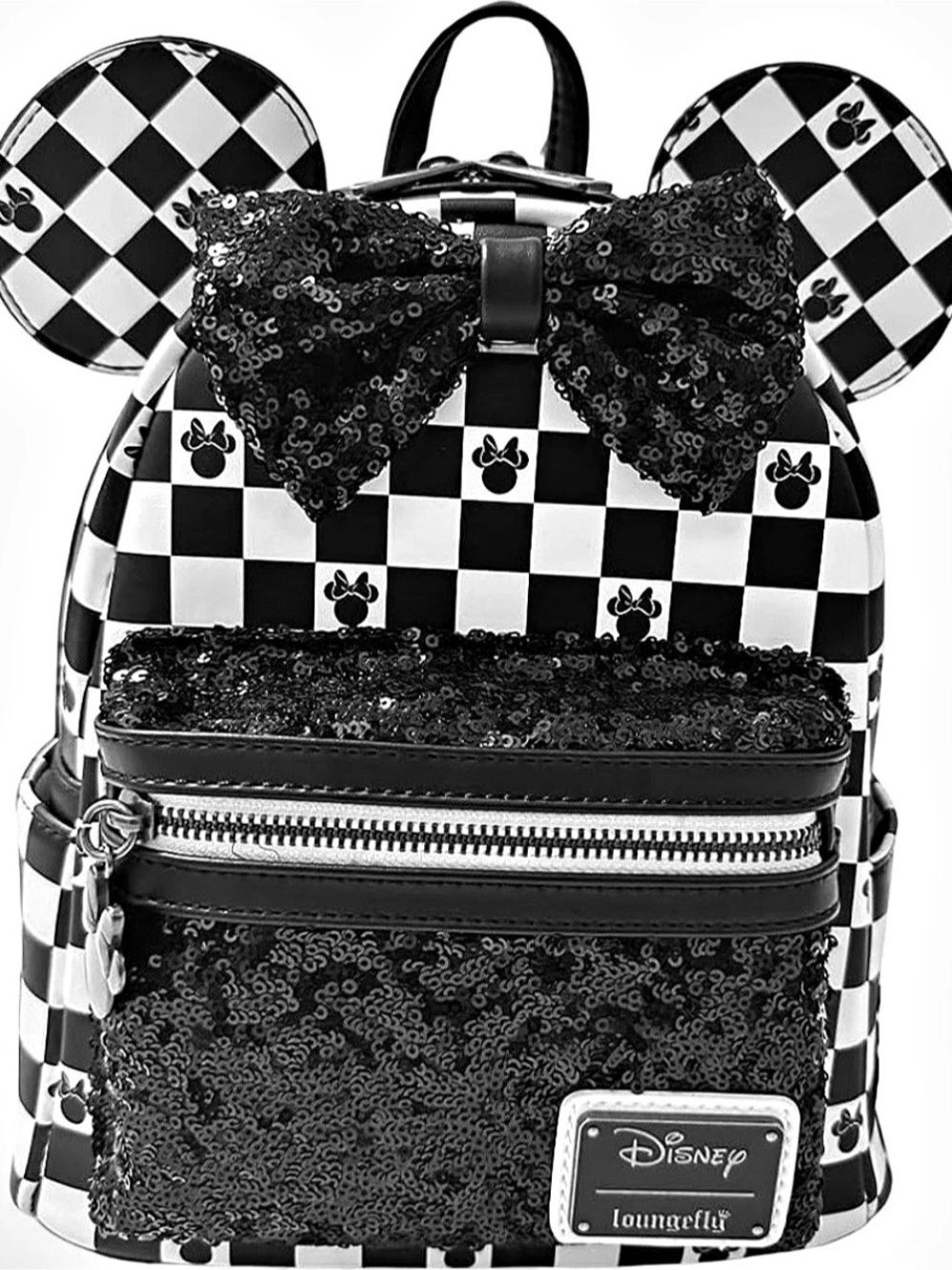 Loungefly Checkered Minnie Mouse Sequin Mini Backpack Black & White NWT